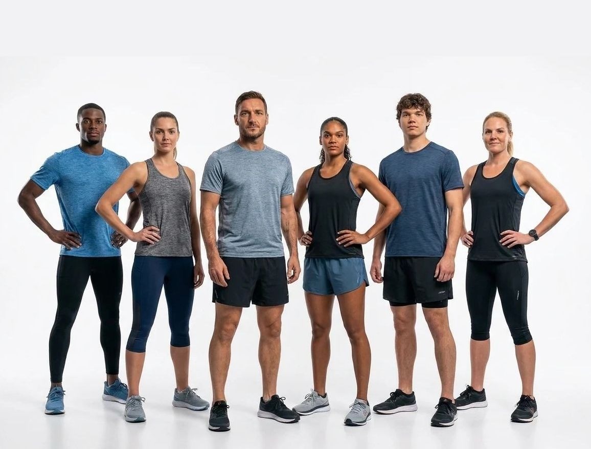 Athletes wearing custom running apparel: singlets, technical tees, shorts, tights and sports bras